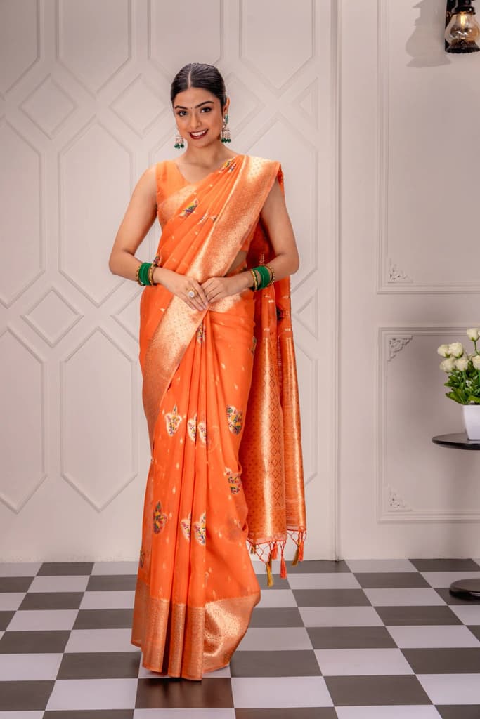 Mimosa Women's Woven Design Banarasi Style Art Silk Saree With Blouse Piece : SA00001759PCFREE — Peach