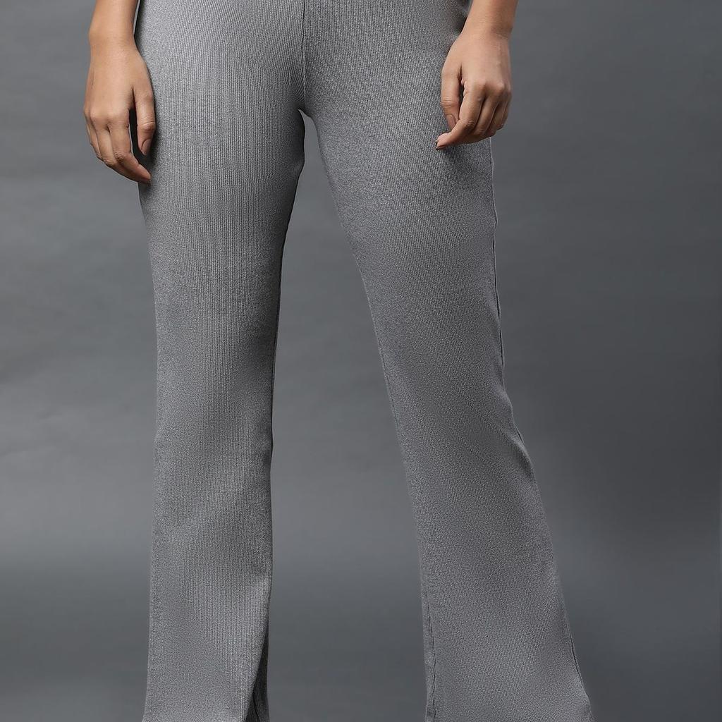 Grey Solid Flared Pants With Elasticated Waist