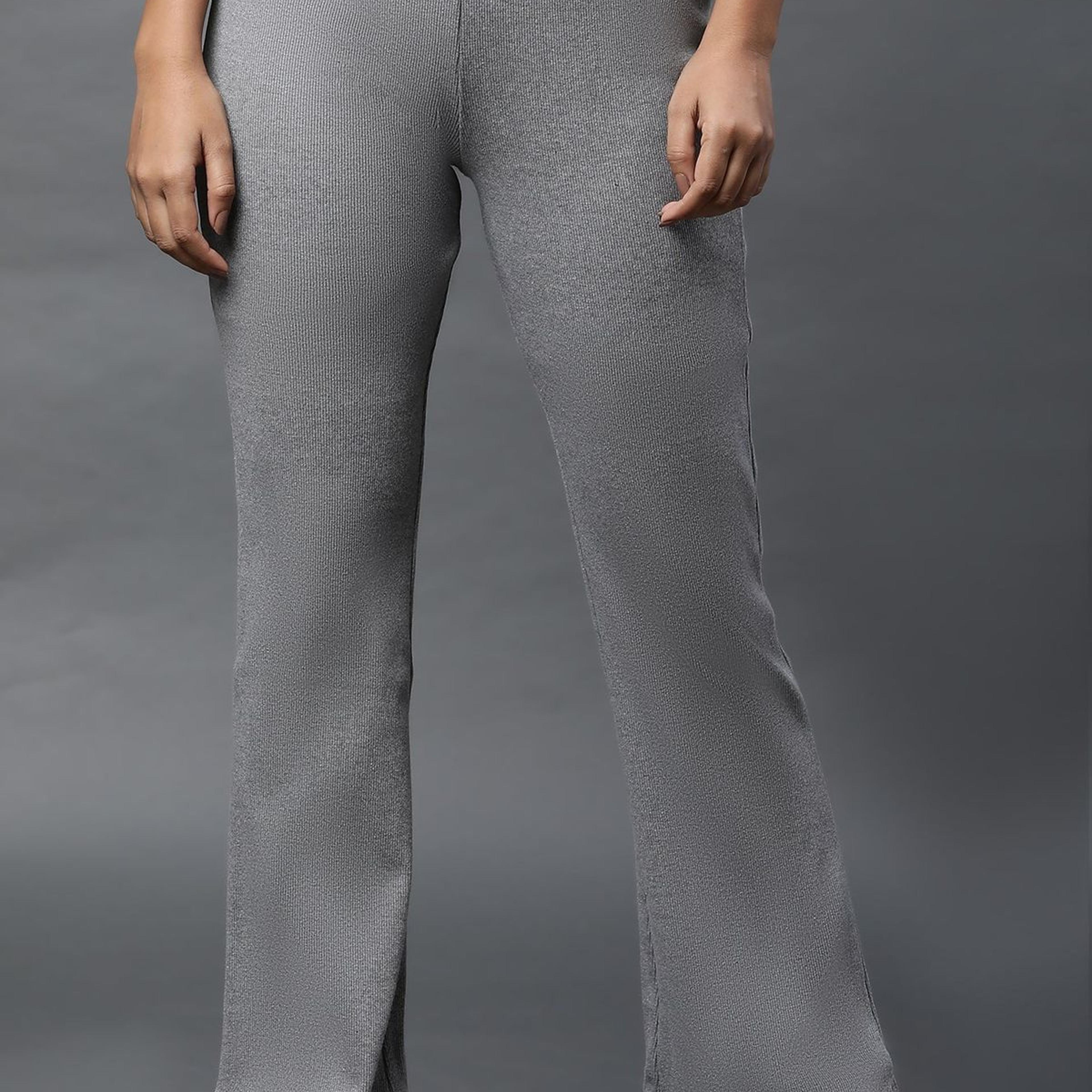 Grey Solid Flared Pants With Elasticated Waist
