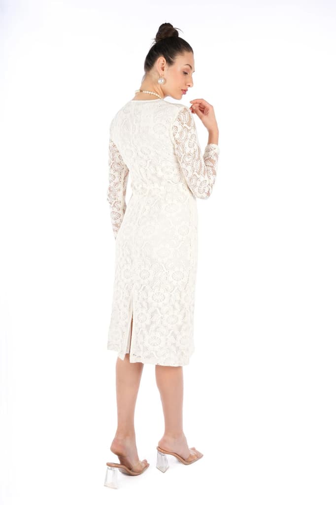 Leyna Off White Floral Cotton Nylon Fitted V-Neck Full Sleeve Top — photo 4