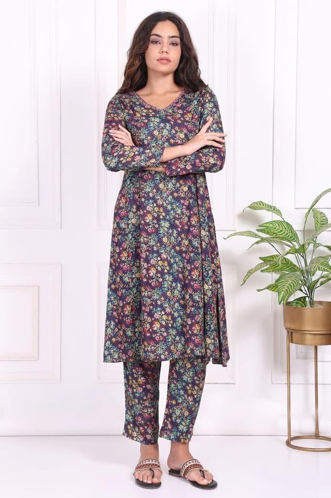 Multicolor Floral Printed Straight Rayon Kurta and Straight Pant Set