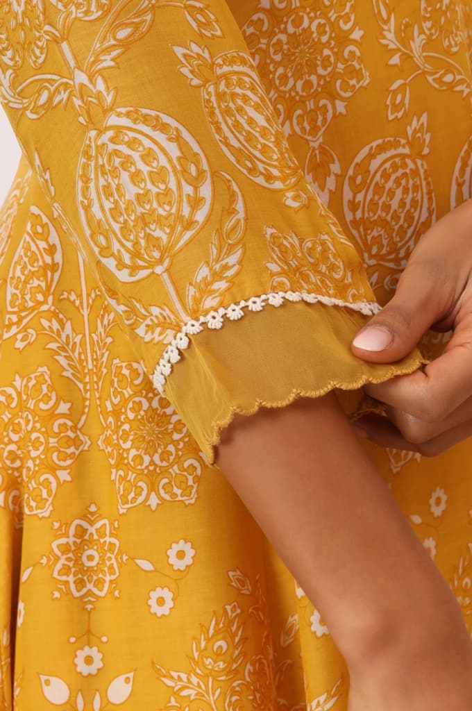 Mango Yellow Printed Flared Kurta and Pants Set with Dupatta — photo 8