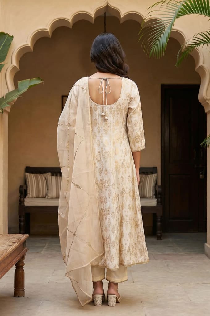 Off White Zari Work Jacquard Anarkali Kurta with Straight Pants and Dupatta Set — photo 3