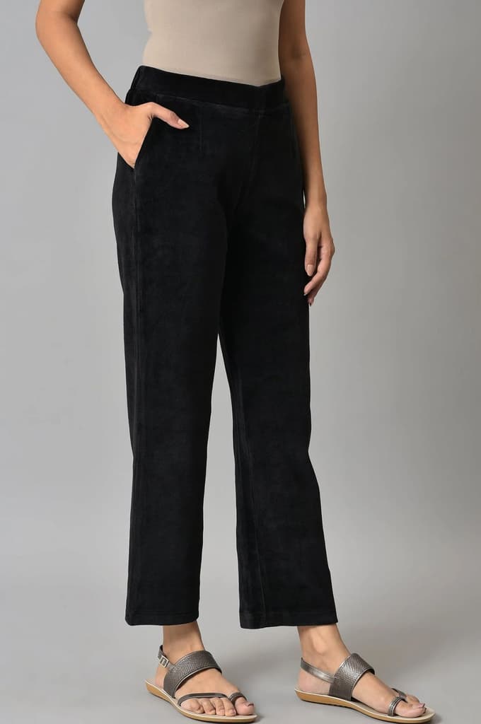 Black Solid Straight Fit Cotton Trousers With Elasticated Waist — photo 5