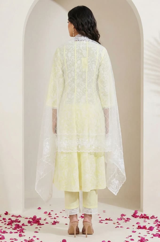 Yellow Floral Printed Lace Pure Cotton Straight Kurta with Straight Pants and Dupatta Set — photo 4