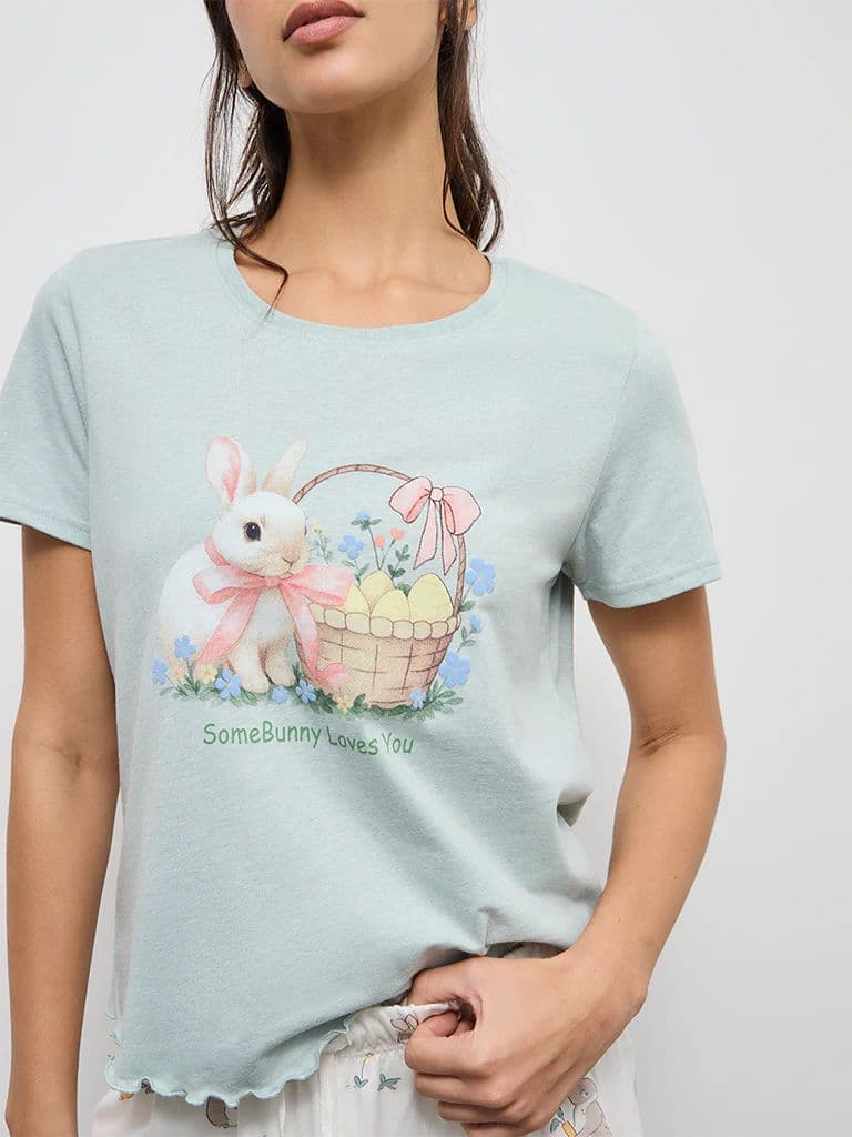 Wunderlove Sea Green Cotton-Blend T-Shirt and Shorts Set — photo 3