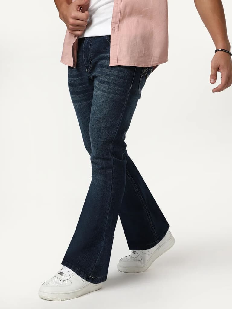 Men's Blue Bootcut Fit Mid Rise Heavy Washed Jeans Stretchable — 28 / Blue
