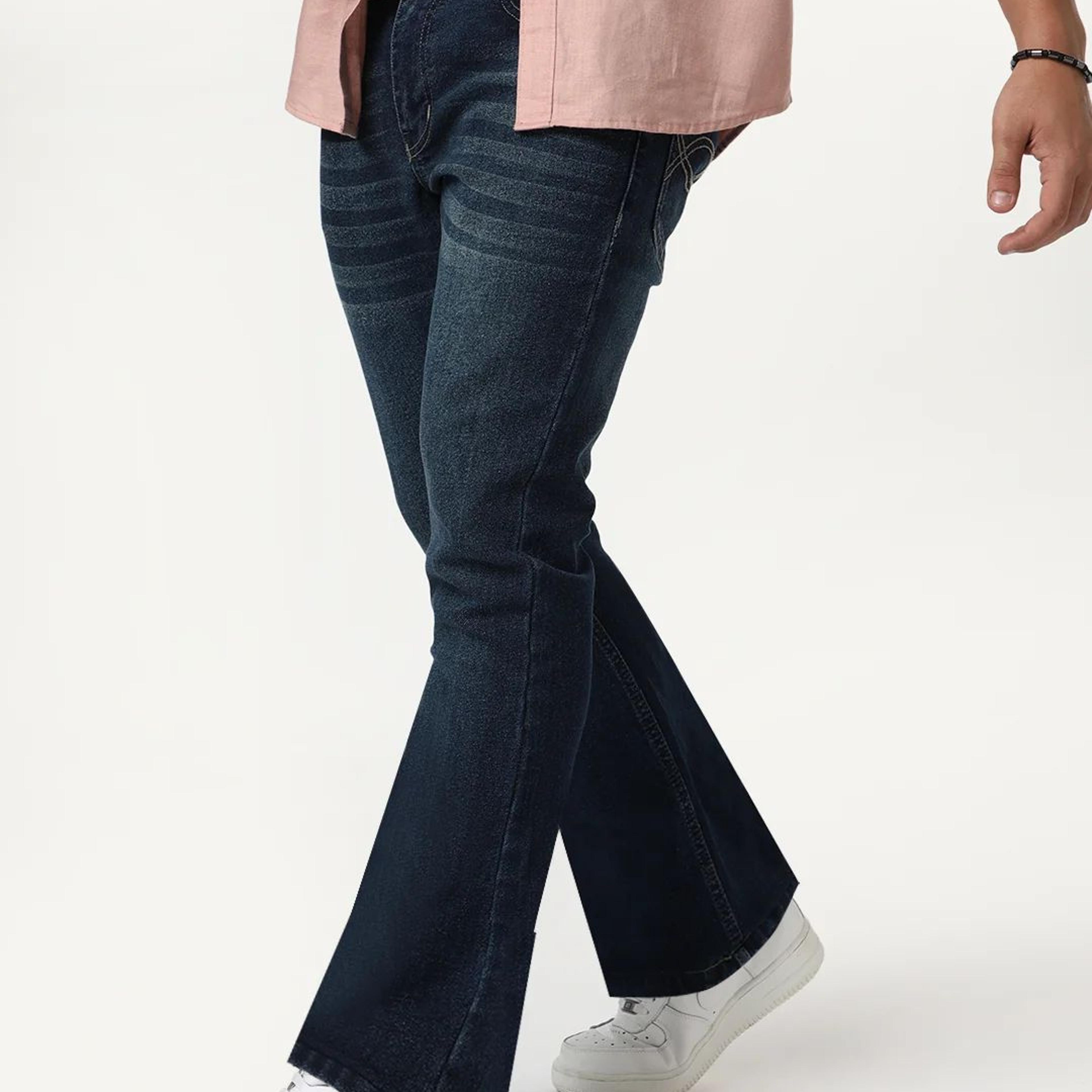 Men's Blue Bootcut Fit Mid Rise Heavy Washed Jeans Stretchable