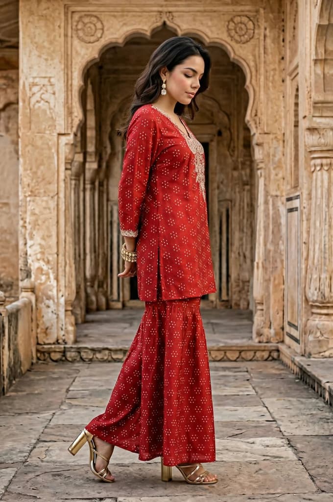 Red Metallic Embroidered Bandhani Straight Kurta — photo 5