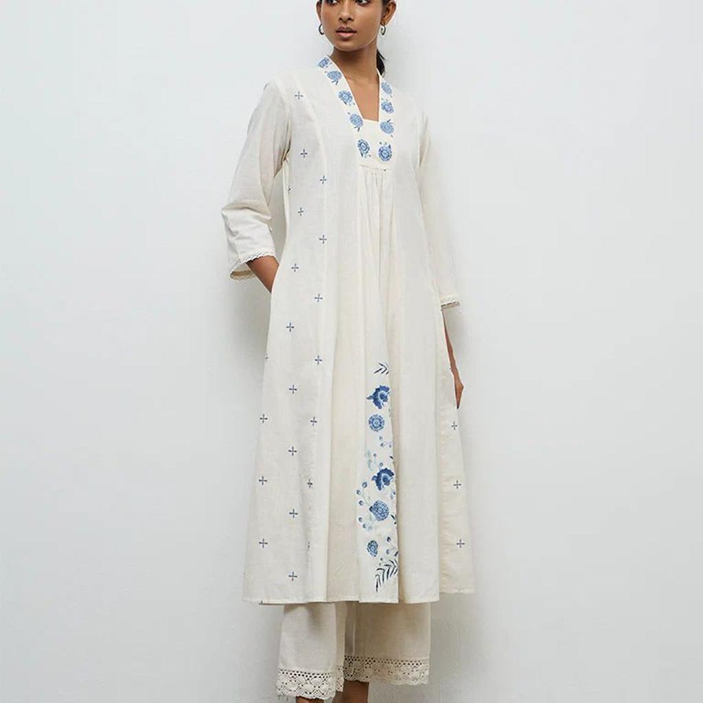 Utsa White Floral Embroidered A-Line Cotton Kurta