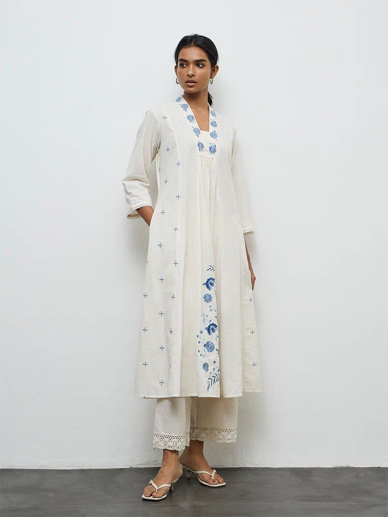Utsa White Floral Embroidered A-Line Cotton Kurta