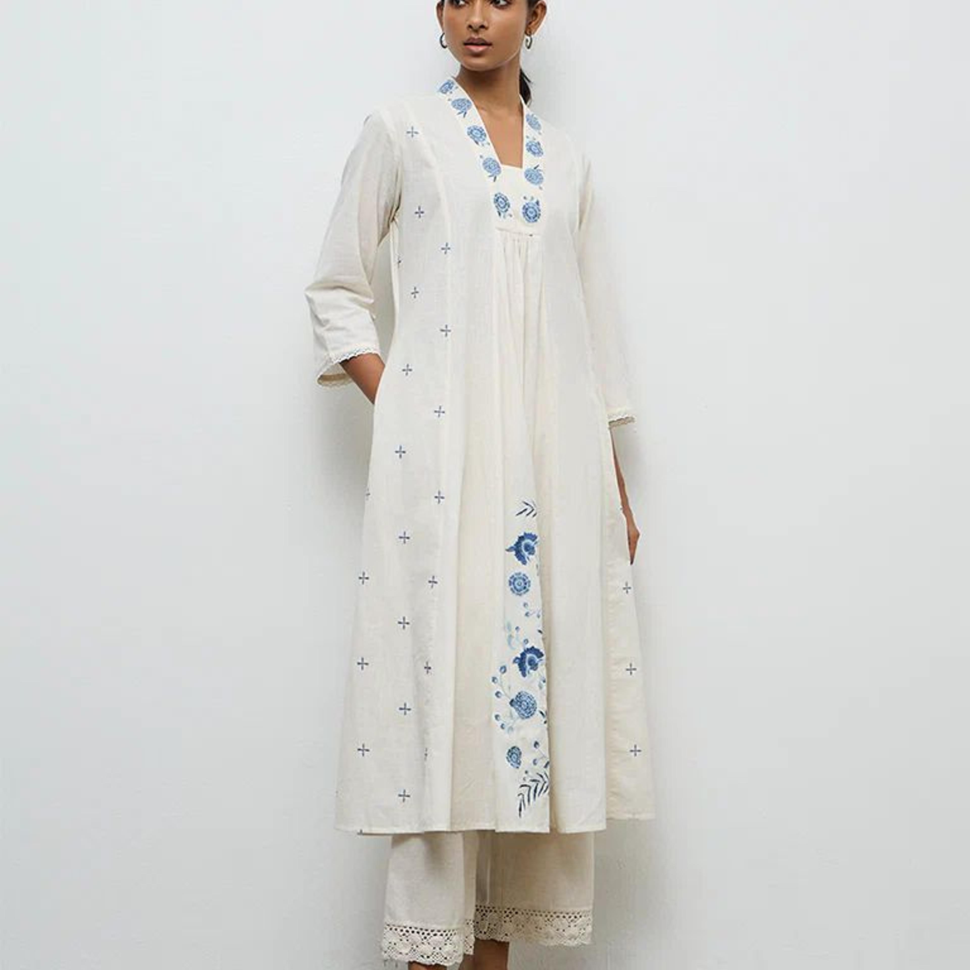 Utsa White Floral Embroidered A-Line Cotton Kurta