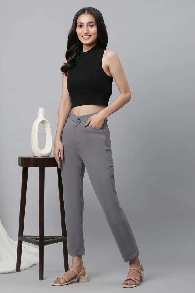 Grey Solid Slim Fit Pants With Front Zip — photo 5