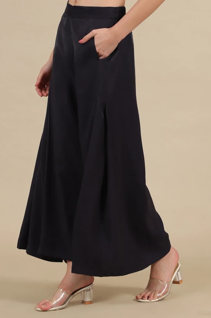 Blue Solid Flared Rayon Palazzo With Pleats — photo 2
