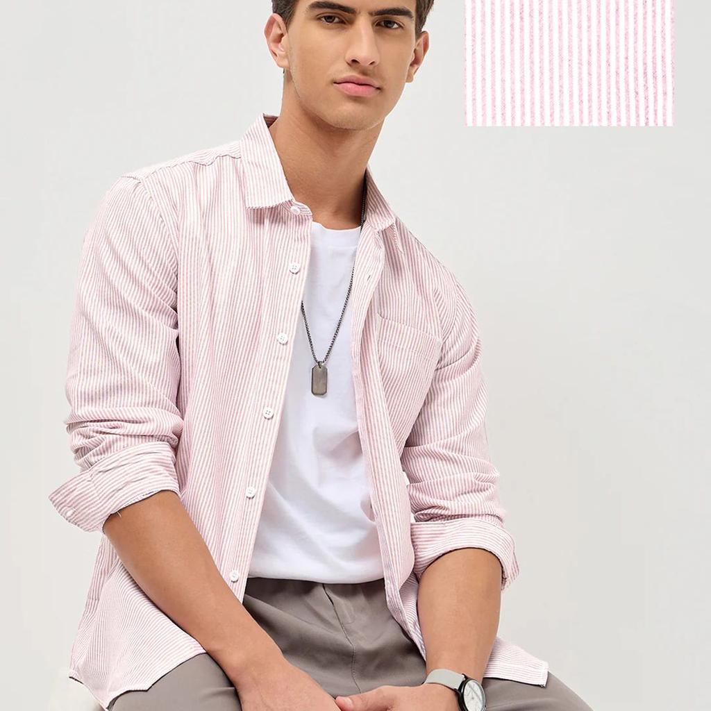 Men's Light Pink Cotton Full Sleeve Regular Fit Casual Striped Shirt