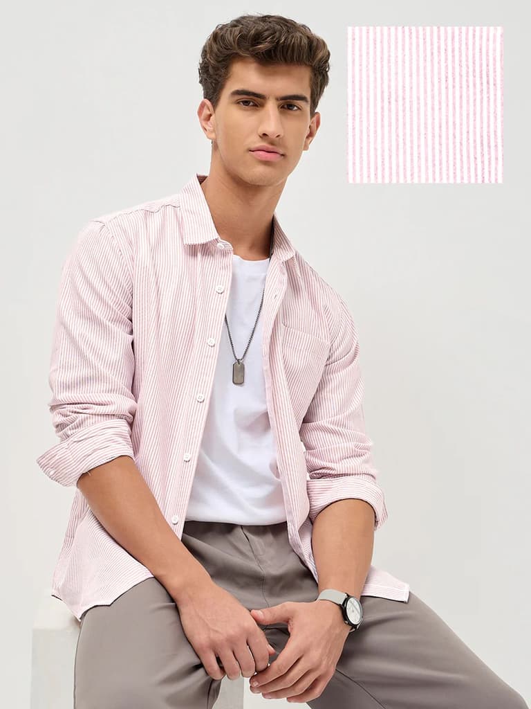 Men's Light Pink Cotton Full Sleeve Regular Fit Casual Striped Shirt — S / Light Pink