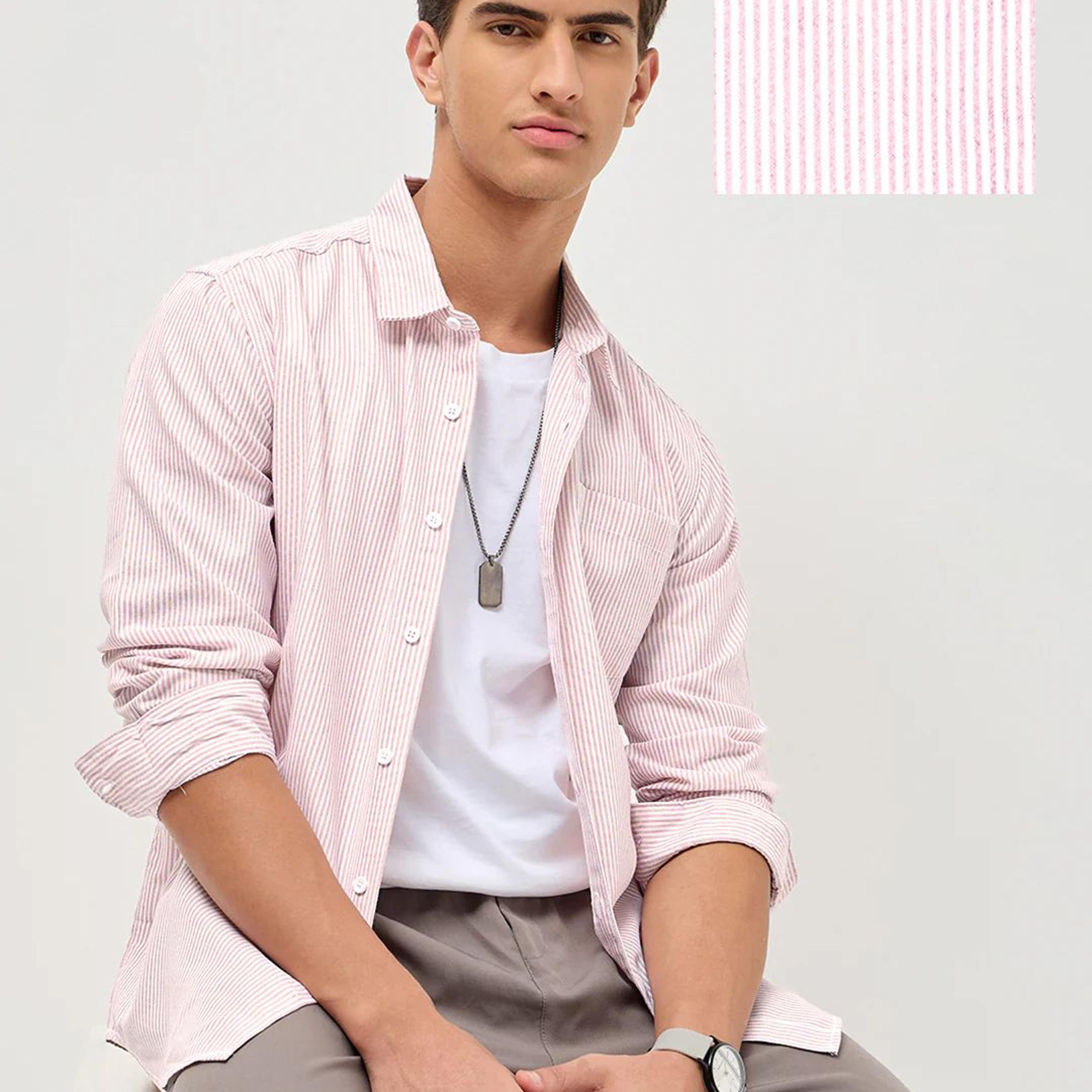 Men's Light Pink Cotton Full Sleeve Regular Fit Casual Striped Shirt