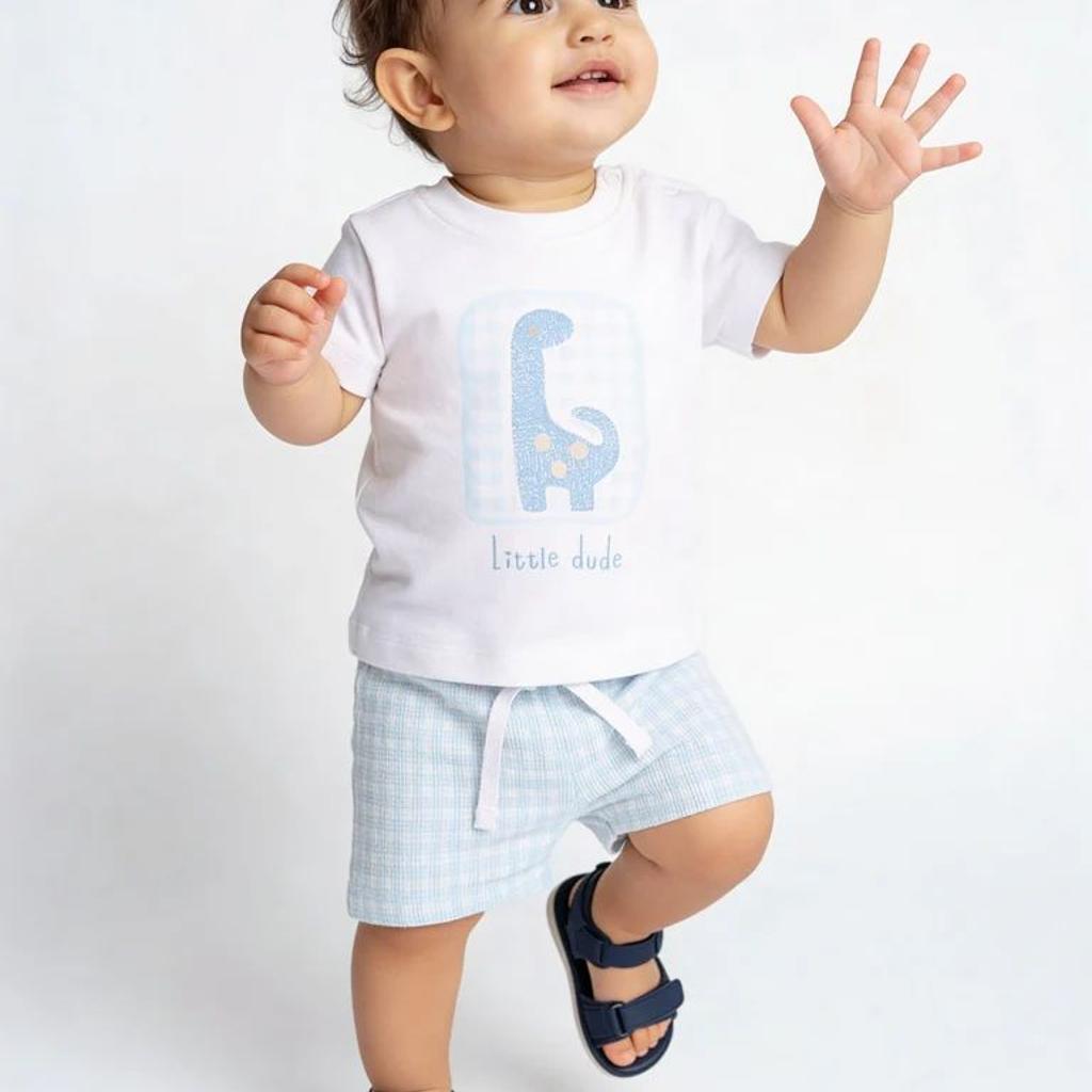 HOP Baby Boys White Printed Cotton T-Shirt and Shorts Set