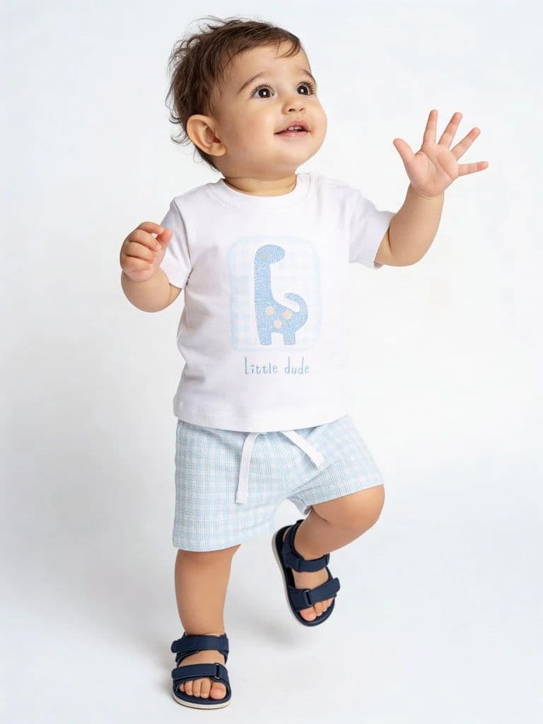 HOP Baby Boys White Printed Cotton T-Shirt and Shorts Set