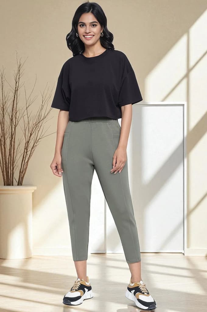 Green Solid Mid Rise Tights in Calf Length — photo 6