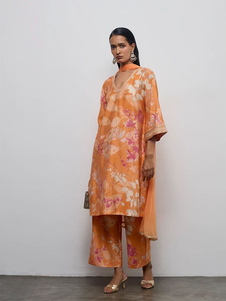 Vark Light Orange Floral Printed A-Line Ethnic Set — photo 2