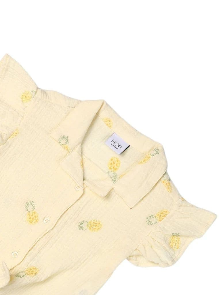 HOP Kids Girls Light Yellow Embroidered Tie-Knot Ruffle Cotton Shirt — photo 5