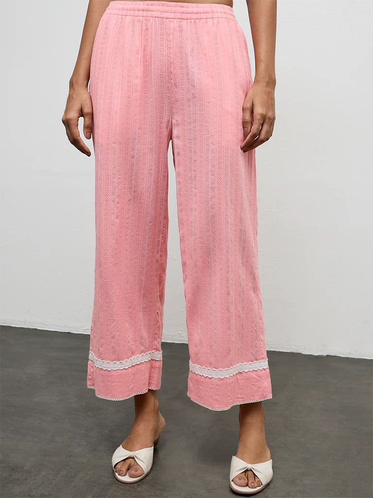 Utsa Pink Embroidered Cotton Pants