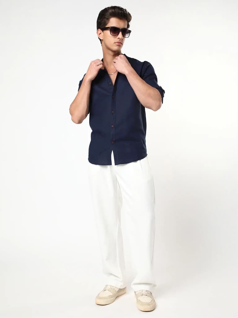 Men's Navy Linen Blend Full Sleeve Relaxed Fit Mandarin Collar Casual Solid Shirt — photo 4