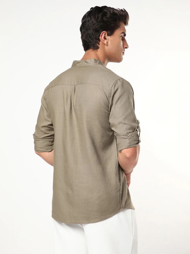 Men's Coffee Linen Blend Full Sleeve Relaxed Fit Mandarin Collar Casual Solid Shirt — photo 3