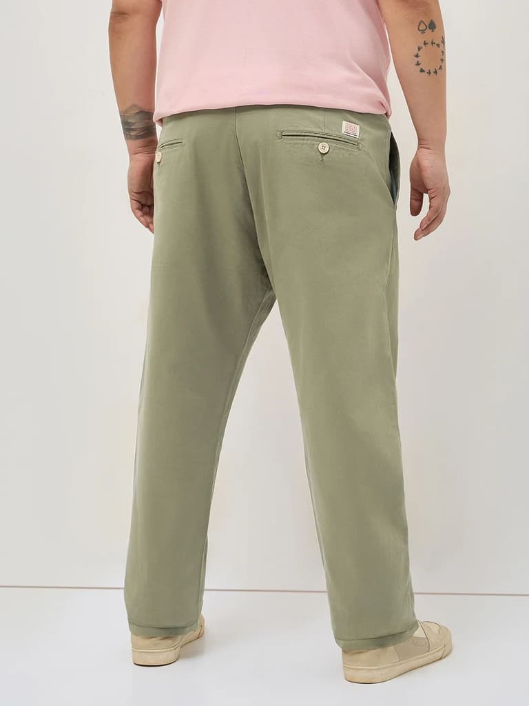 Plus Men's Light Olive Straight Fit Mid Rise Cotton Casual Chinos Trousers Stretch — photo 3