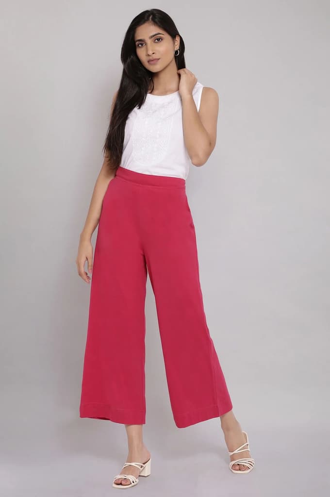Red Solid Straight Fit Cotton Palazzo With Elasticated Waist — photo 5