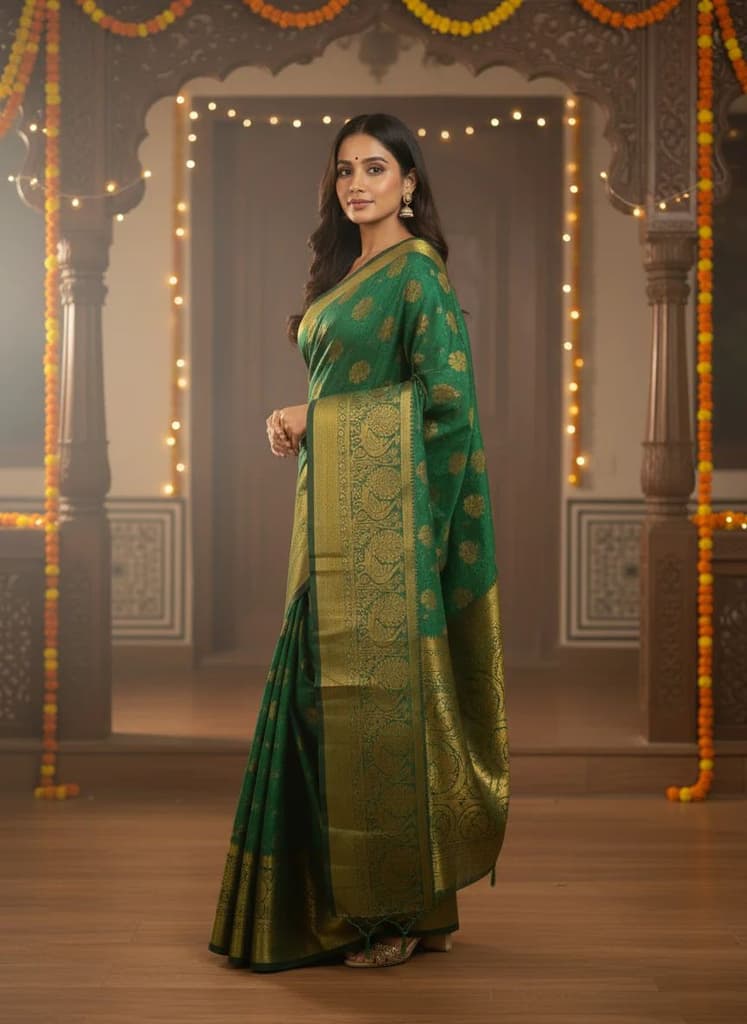 MIMOSA Women's Woven Design Kanjivaram Style Art Silk Saree with Blouse Piece - Green ( SA00003142GRNFREE ) — photo 3