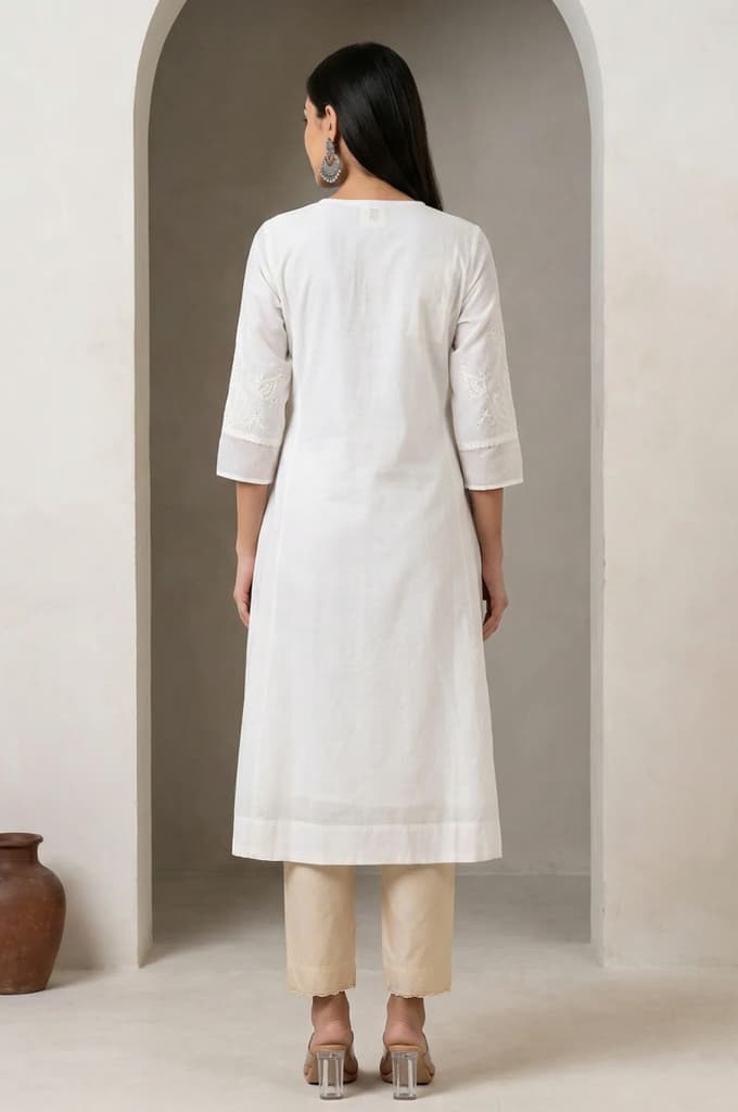 White Thread Embroidered Cotton Blend Straight Kurta — photo 5