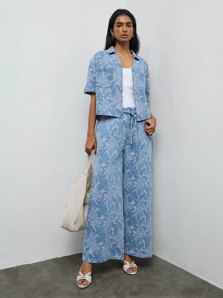 LOV Blue Floral Embroidered Denim Shirt