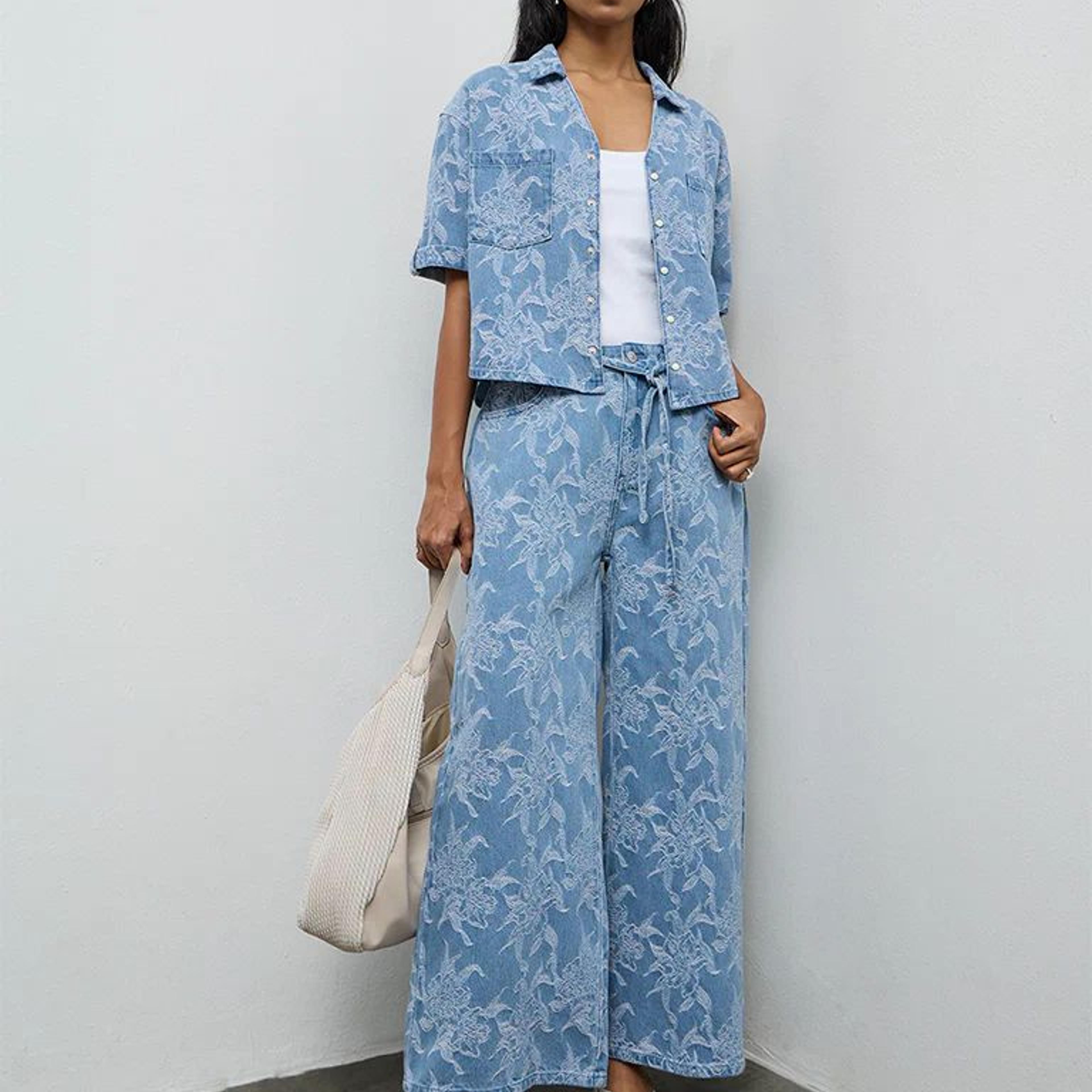 LOV Blue Floral Embroidered Denim Shirt