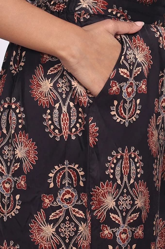 Black Floral Printed Satin Straight Kurta with Parallel Pant and Dupatta Set — photo 8