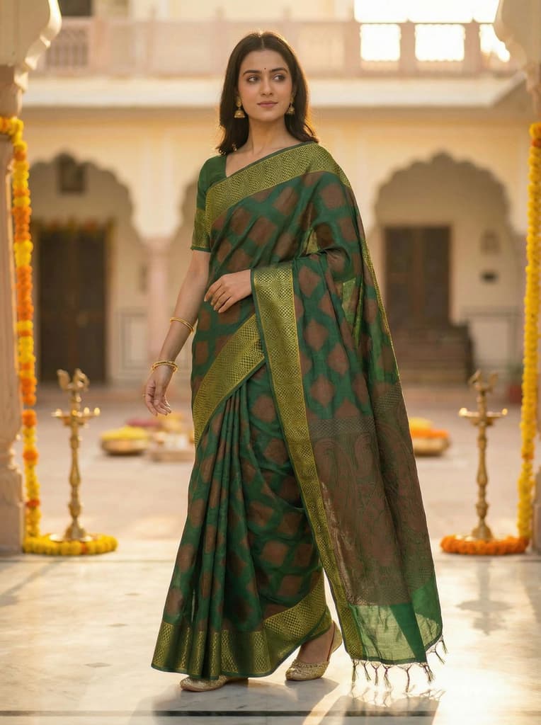 MIMOSA Women's Woven Design Banarasi Style Raw Silk Saree with Blouse Piece - Green ( SA00003130GRNFREE ) — photo 2