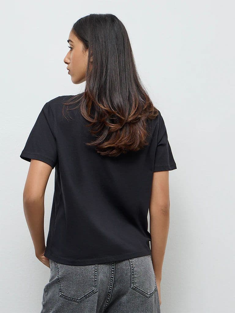 LOV Black Printed Cotton T-Shirt — photo 4