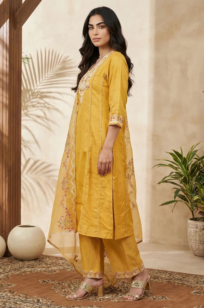 Yellow Floral Embroidered Straight Kurta with Pants and Dupatta Set — photo 4