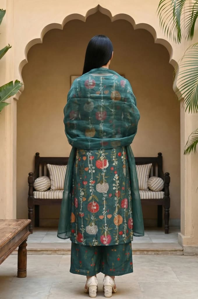 Green Floral Printed Straight Kurta with Flared Pants and Dupatta Set — photo 4
