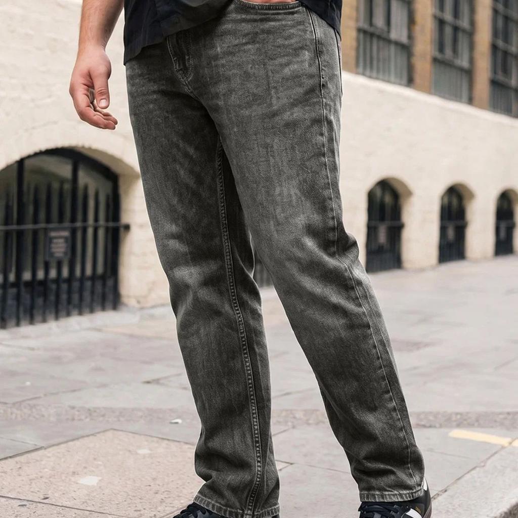 Plus Men's Light Grey Relaxed Fit Washed Denim Jeans Non-Stretchable
