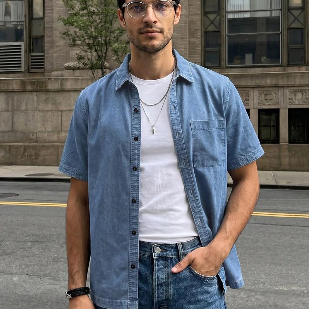 Men's Light Blue Oversized Fit Half Sleeve Solid Casual Denim Shirt
