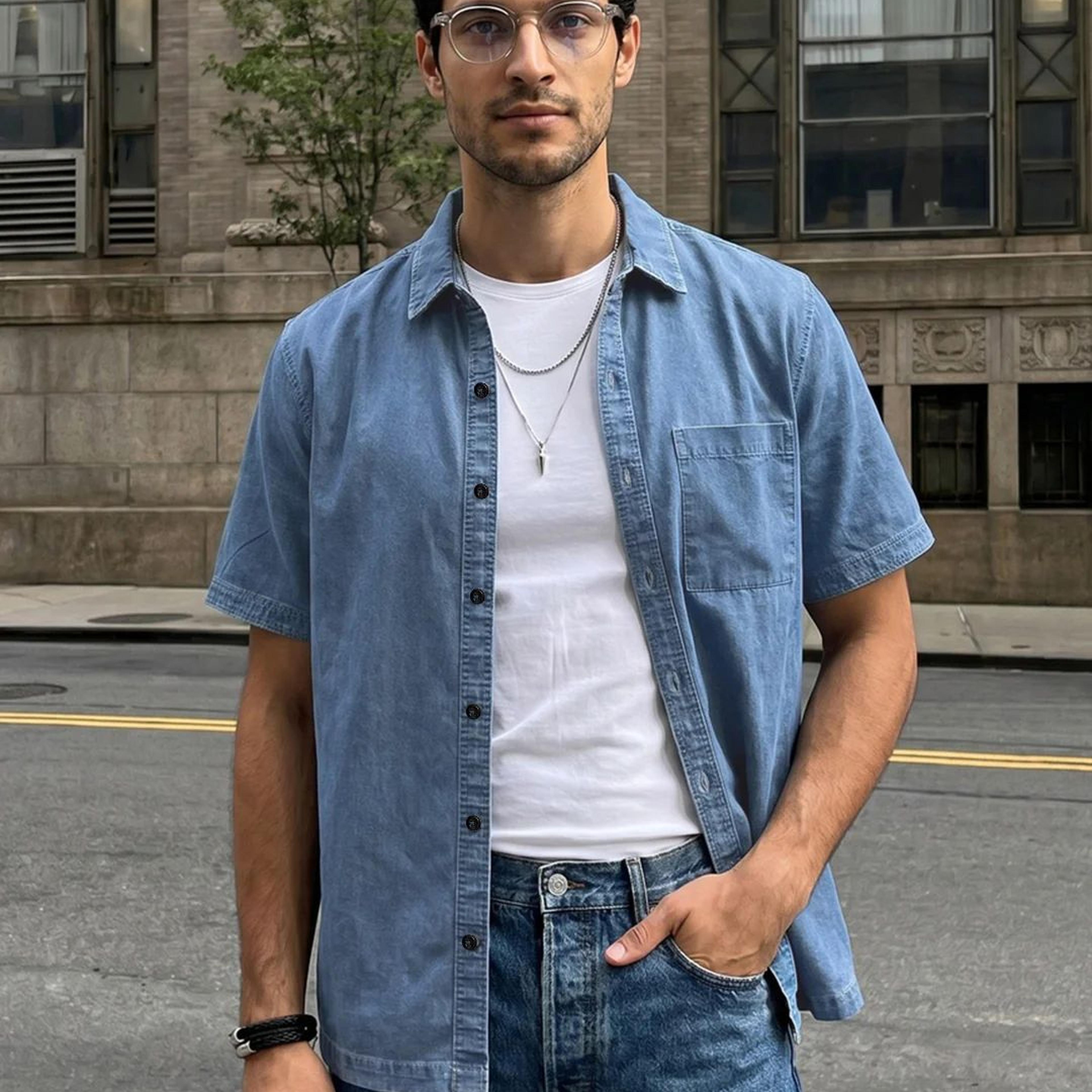 Men's Light Blue Oversized Fit Half Sleeve Solid Casual Denim Shirt