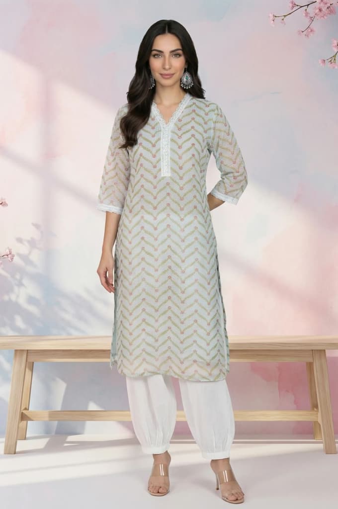 Mint Green Chevron Printed Kota Straight Kurta — XS