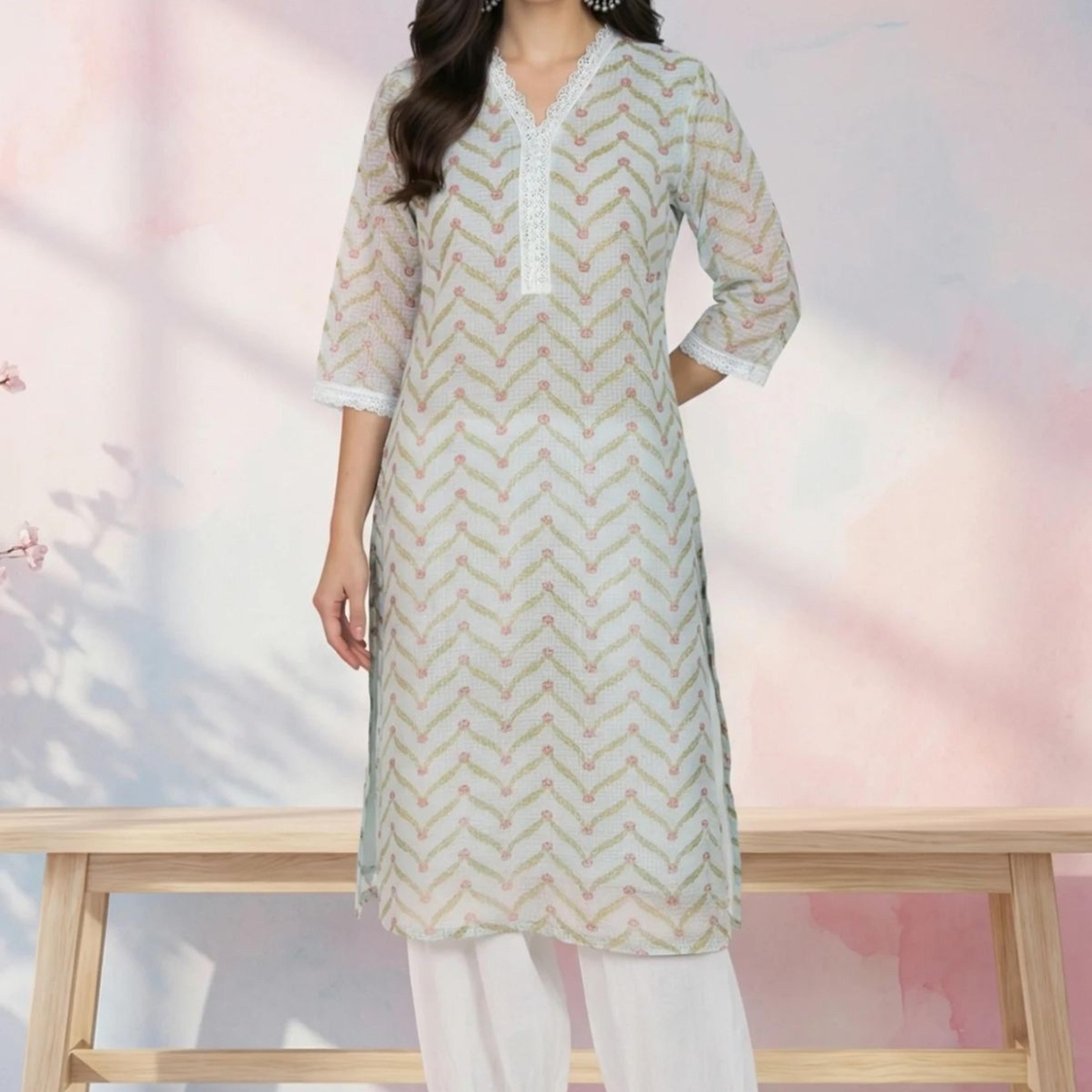 Mint Green Chevron Printed Kota Straight Kurta