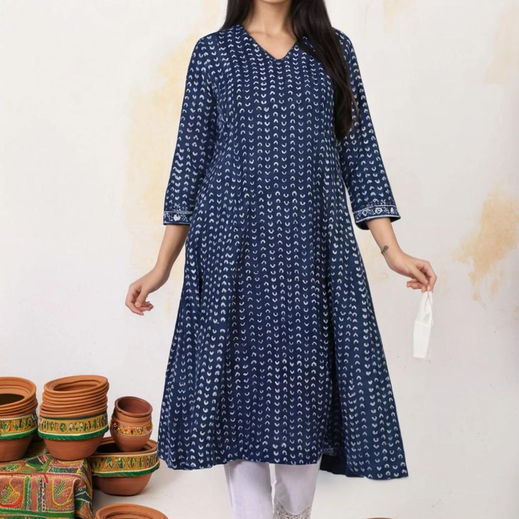 Blue Geometric Dabu Printed Mirror Work A-Line Cotton Kurta