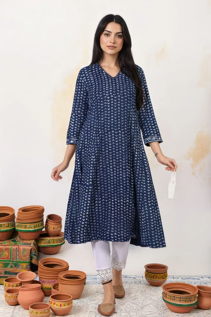 Blue Geometric Dabu Printed Mirror Work A-Line Cotton Kurta — XS