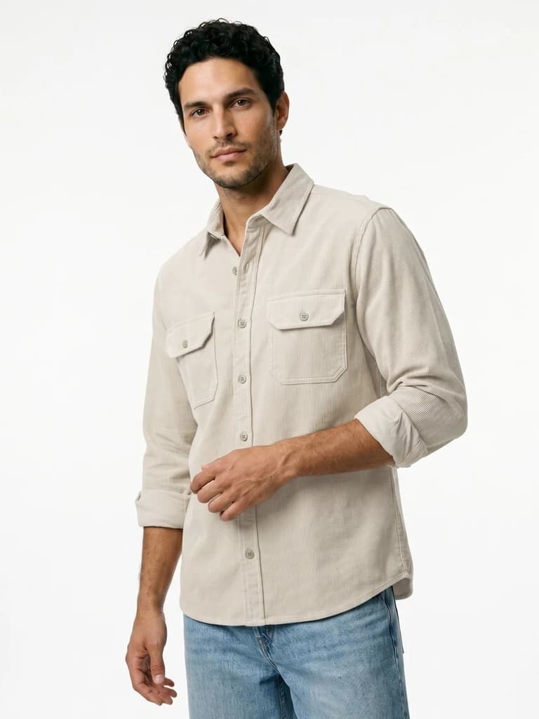 Men's White Corduroy Full Sleeve Regular Fit Solid Overshirt with Utility Pockets — photo 2