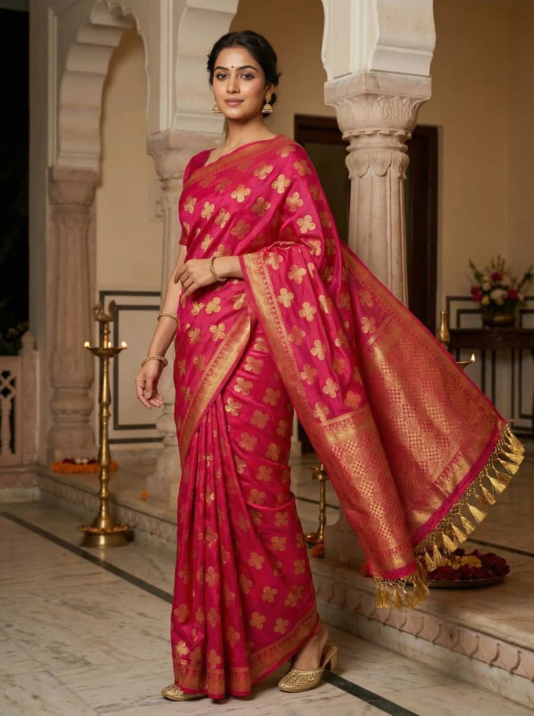 MIMOSA Women's Woven Design Mysore Silk Style Crepe Saree with Blouse Piece - Rani ( SA00003122RNFREE ) — Default Title