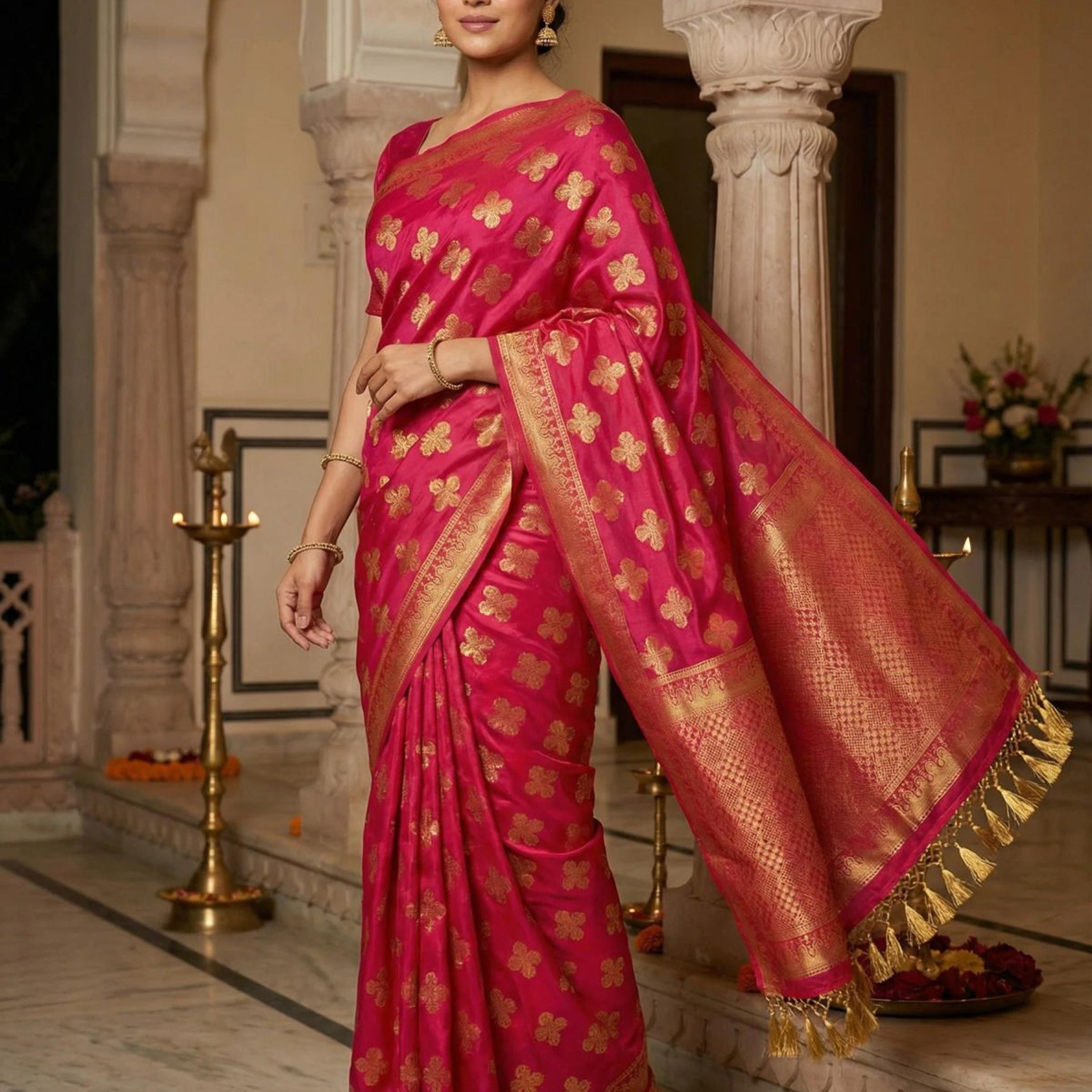 MIMOSA Women's Woven Design Mysore Silk Style Crepe Saree with Blouse Piece - Rani ( SA00003122RNFREE )